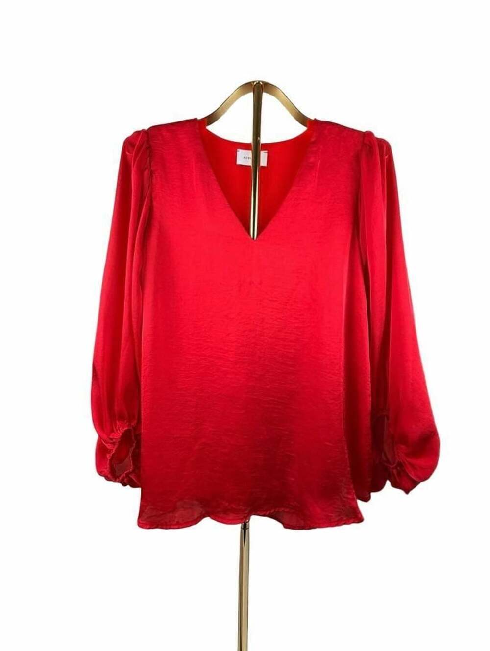 ADRIENNE V-Neck Blouse Size S Red Long Puff Sleeve Polyester